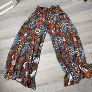 Just Funky Bohemian Wide Leg Pants Paisley Floral Print XL Elastic Waist